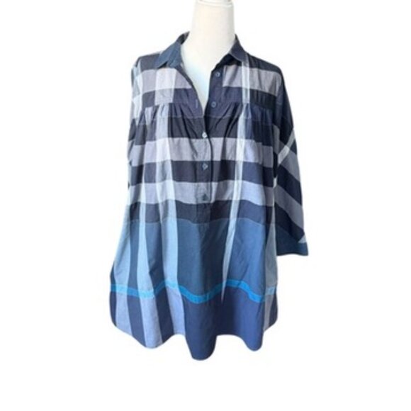 Burberry Brit Womens Cotton Checkered Print Button-Up Blouse Blue Size S Tunic - Picture 1 of 16